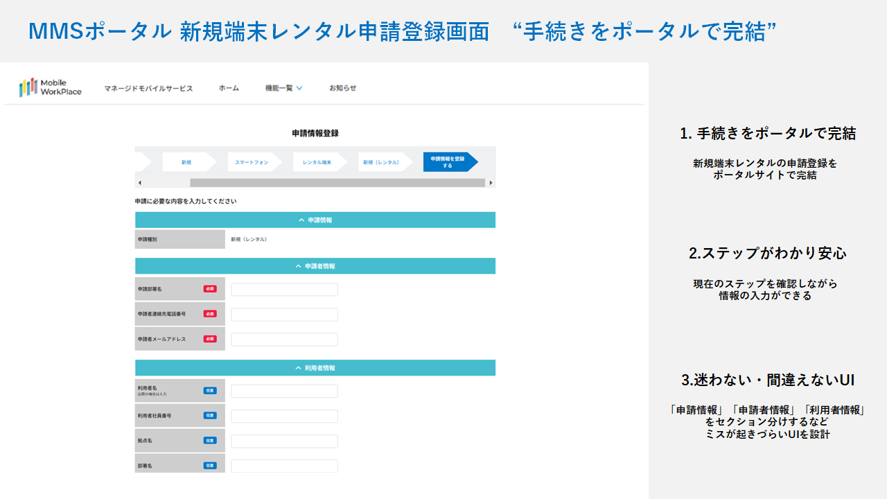 MMSポータル 新規端末レンタル申請登録画面