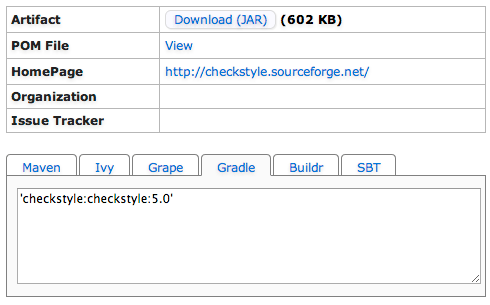 Checkstyleを検索し、Gradleタブを表示した状態 Checkstyleを検索し、Gradleタブを表示した状態