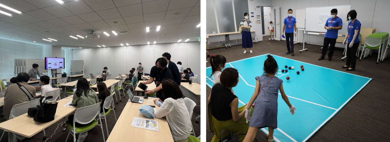 ファミリーディの写真2点。(左)家族が親子でプログラミング教室に参加している様子。(右)スタッフからレクチャーを受けながら親子でボッチャ体験をしている様子。