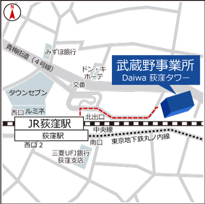 武蔵野事業所（Daiwa 荻窪タワー）までの地図：JR「荻窪駅」北出口から出て右側の道を直進。しばらくすると、右側に武蔵野事業所が見えます。