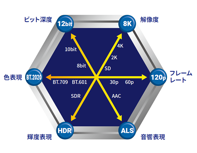 「ビット深度」「解像度」「フレームレート」「音響表現」「輝度表現」「色表現」6つの要素の数値を表すポーラ チャート