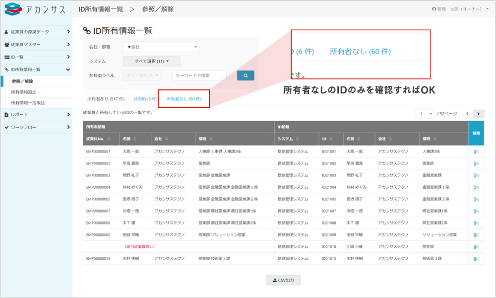 所有者なしのIDのみを確認すればOK