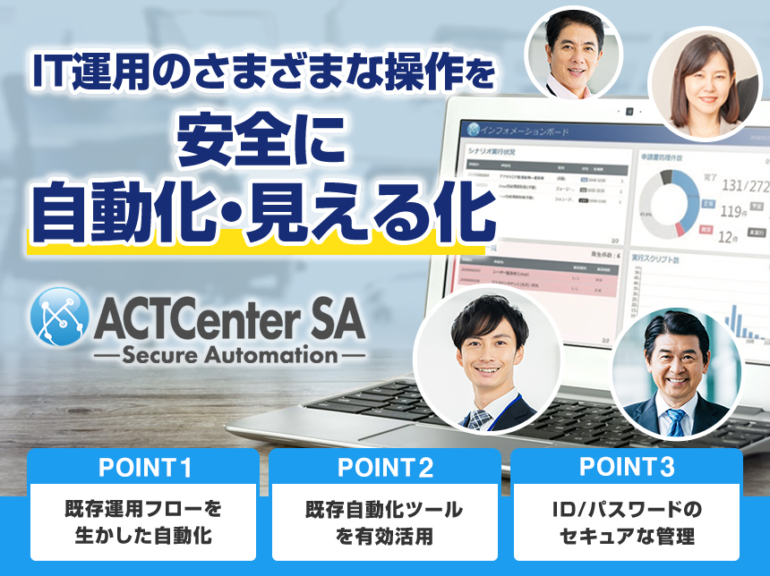 IT運用のさまざまな操作を安全に自動化・見える化「ACTCenter SA（Secure Automation）」POINT01 既存運用フローを生かした自動化 POINT02 既存自動化ツールを有効活用 POINT03 ID/パスワードのセキュアな管理