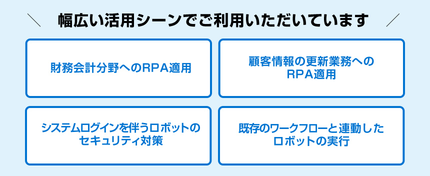 幅広い活用シーンでご利用いただいています 財務会計分野へのRPA適用 顧客情報の更新業務へのRPA適用 システムログインを伴うロボットのセキュリティ対策 既存のワークフローと連動したロボットの実行
