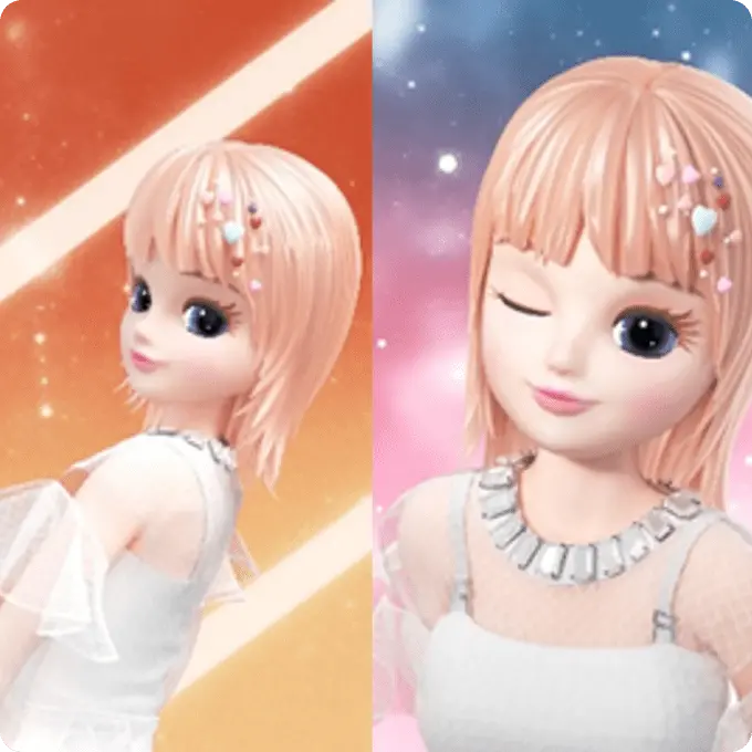 ピンクの髪にハートの飾りをつけたキャラクターがポーズやウインクをするイラスト