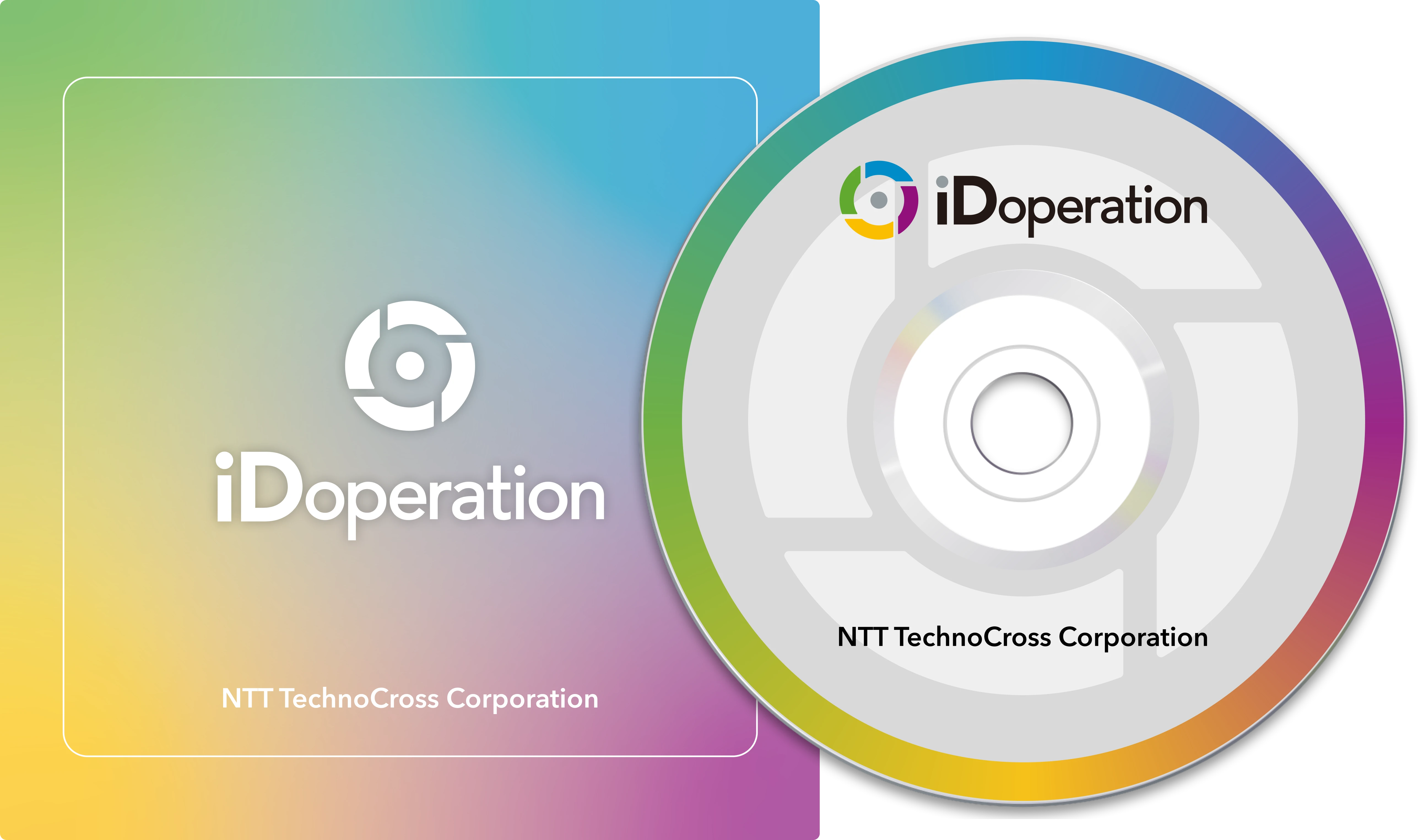 アイディーオペレーションのソフトウェアパッケージとDVDのイメージ図。左はカラフルな円形グラフが描かれたパッケージとDVD、右は監視カメラの映像が映るノートパソコンが描かれたパッケージとDVD。