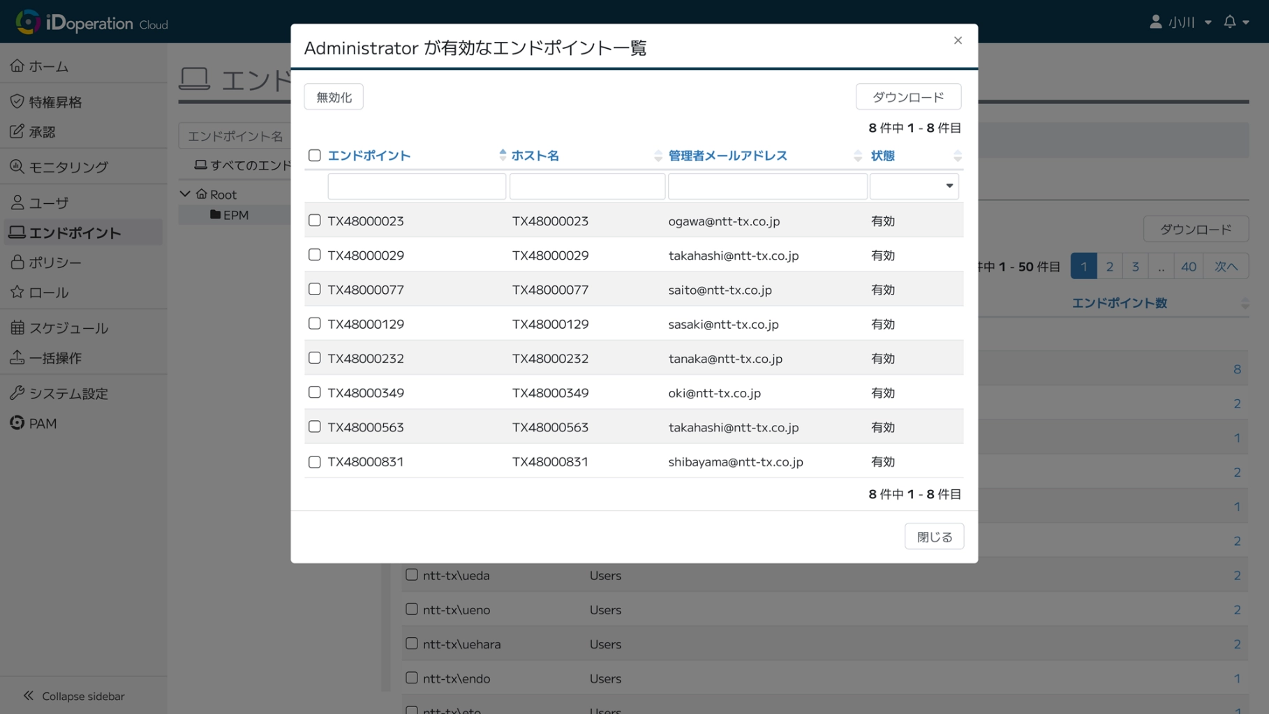 アイディーオペレーションの管理画面。「Administratorが有効なエンドポイント一覧」というタイトルのポップアップが表示され、エンドポイント、ホスト名、管理者メールアドレス、状態が一覧で表示されている。
