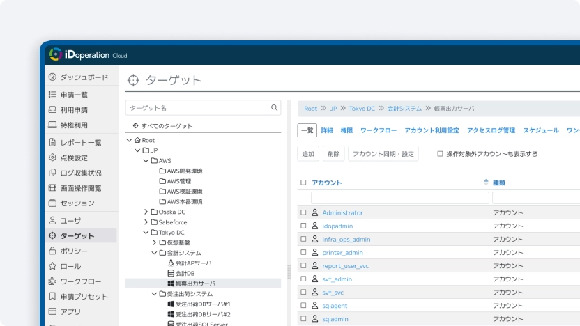 アイディーオペレーション iDoperation Cloudの画面キャプチャ。「ターゲット」画面が表示され、左側のメニューには「ダッシュボード」「申請一覧」「利用申請」「特権利用」などが並ぶ。中央にはターゲットのツリー構造が表示され、「Root > JP > Tokyo DC > 会計システム > 帳票出力サーバ」が選択されている。右側にはアカウント一覧が表示され、「Administrator」「idopadmin」などのアカウント名がリスト表示されている。