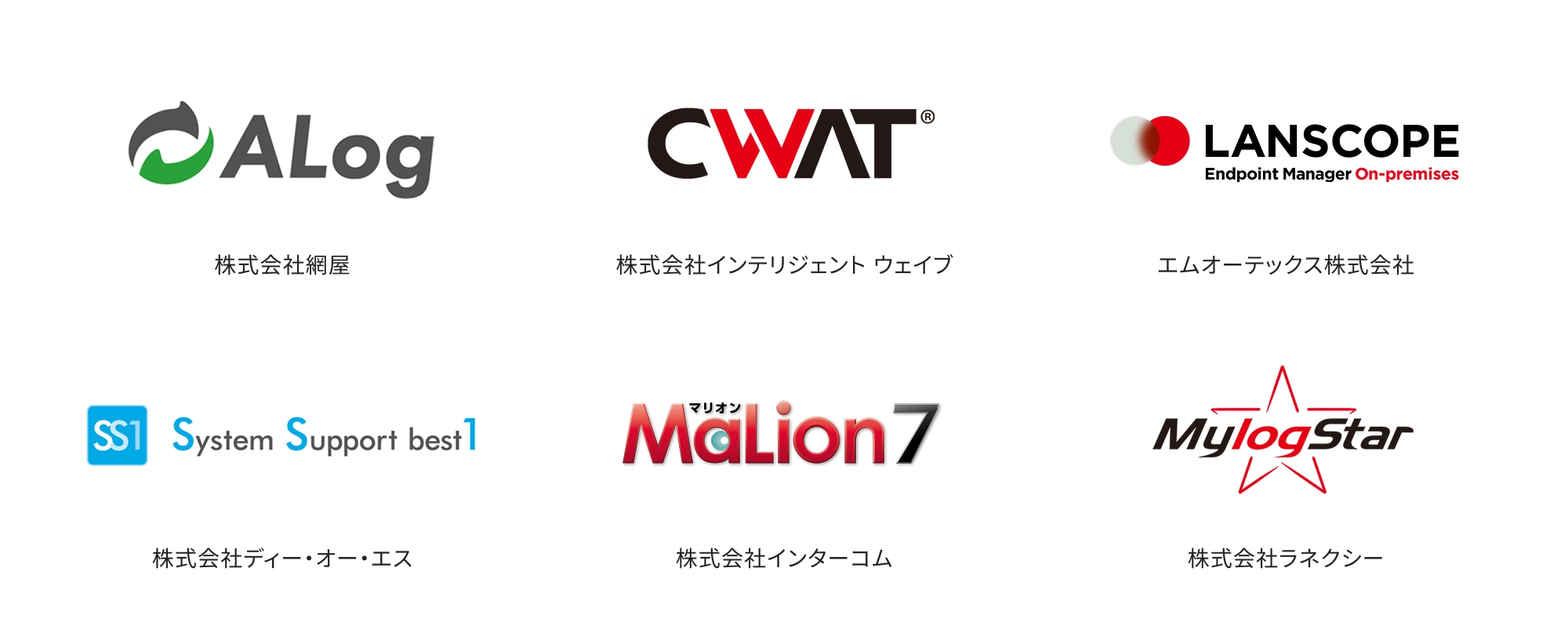 ALog、CWAT、LANSCOPE、SS1 System Support best1、MaLion7、MylogStarのロゴとそれぞれの会社名が並んだ画像。