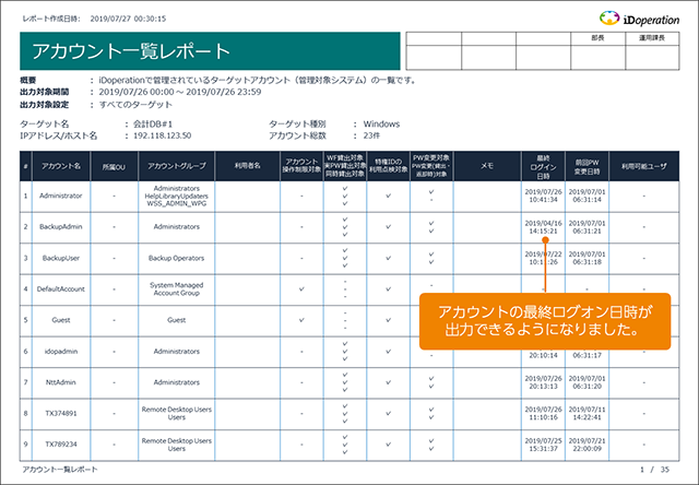 アカウント一覧レポートにアカウントの使用状況が出力されます