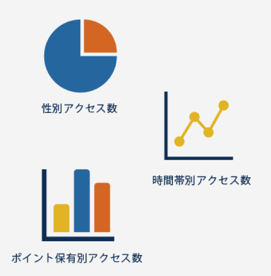 性別・時間帯別・ポイント保有別のアクセス数など