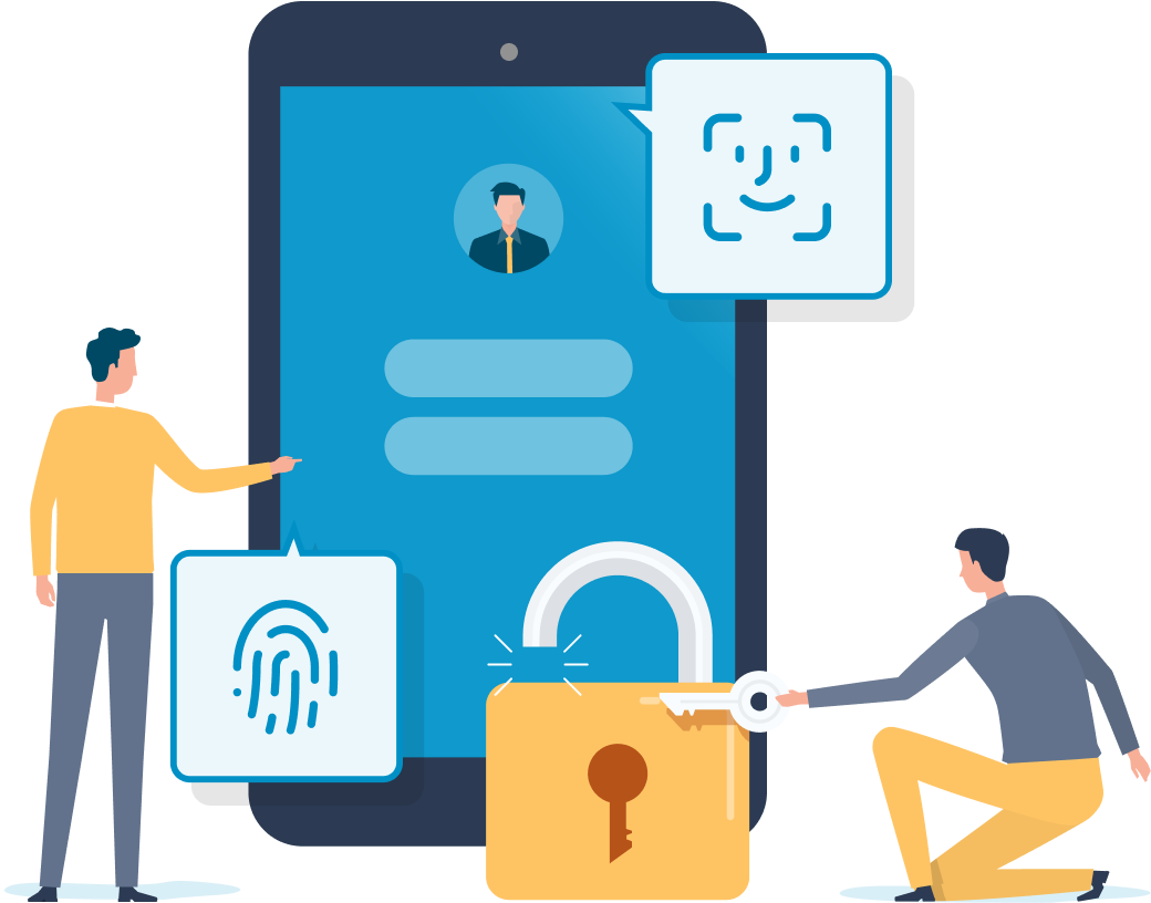 スマートフォンの顔認証・指紋認証で鍵を受け取る利用者のイラスト