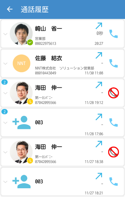 ProgOffice Enterpriseの通話履歴一覧に、Microsoft Teamsの在席状況（プレゼンス）がアイコンで表示されている画面