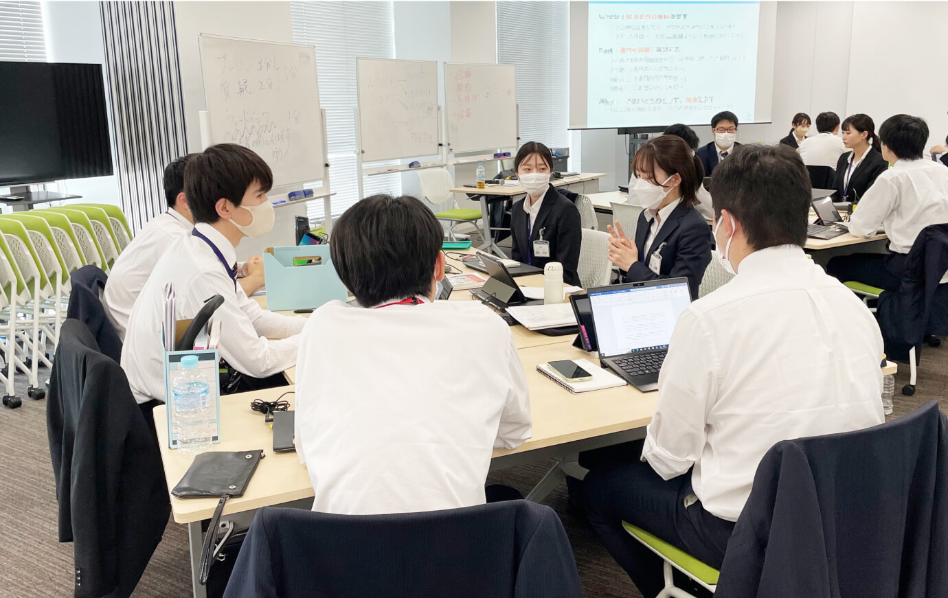 写真:研修風景。社員がテーブルを囲みグループワークをしている。