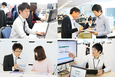 社員がオフィスで働いている様子の４枚の写真。1枚目、PCに向かって仕事をする社員。2、3枚目、打合せしている社員。4枚目、ディスプレイを指さして説明している社員。