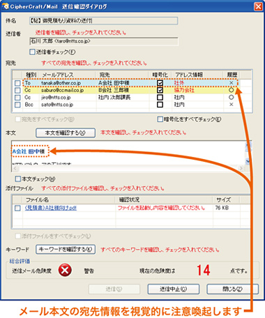 アシスト機能によるメール誤送信防止画面表示例