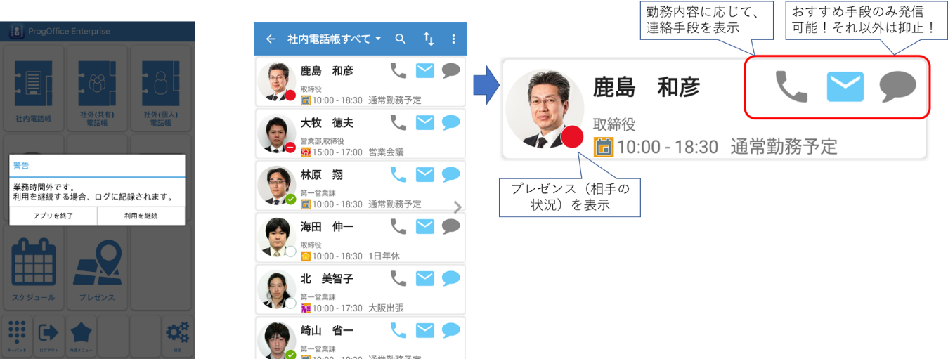 利用注意画面（左）と、Skype for Businessプレゼンス連携イメージ（右）